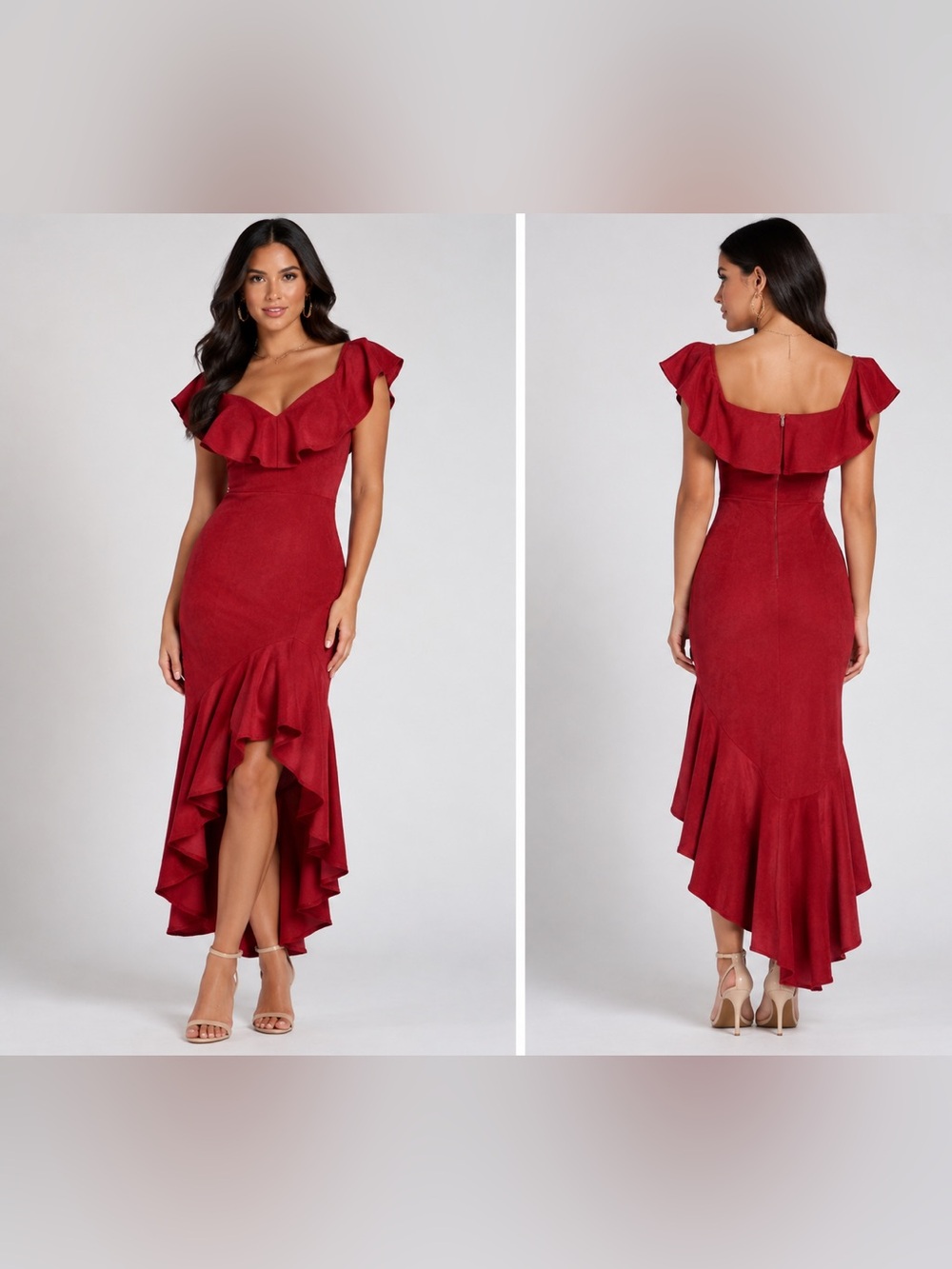 Shop17 Red Ruffle Off Shoulder Hi Low Bodycon Dress Size S